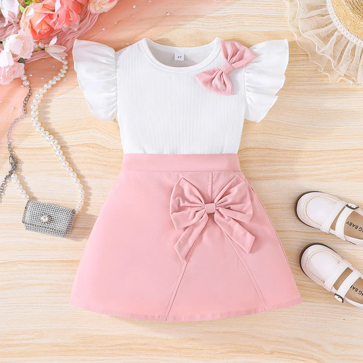 Prowow Girl School Outfit Flutter Sleeve Front Bow T-shirt and Vintage Printed Skirt Summer 2pcs Set For Children Clothing Girls