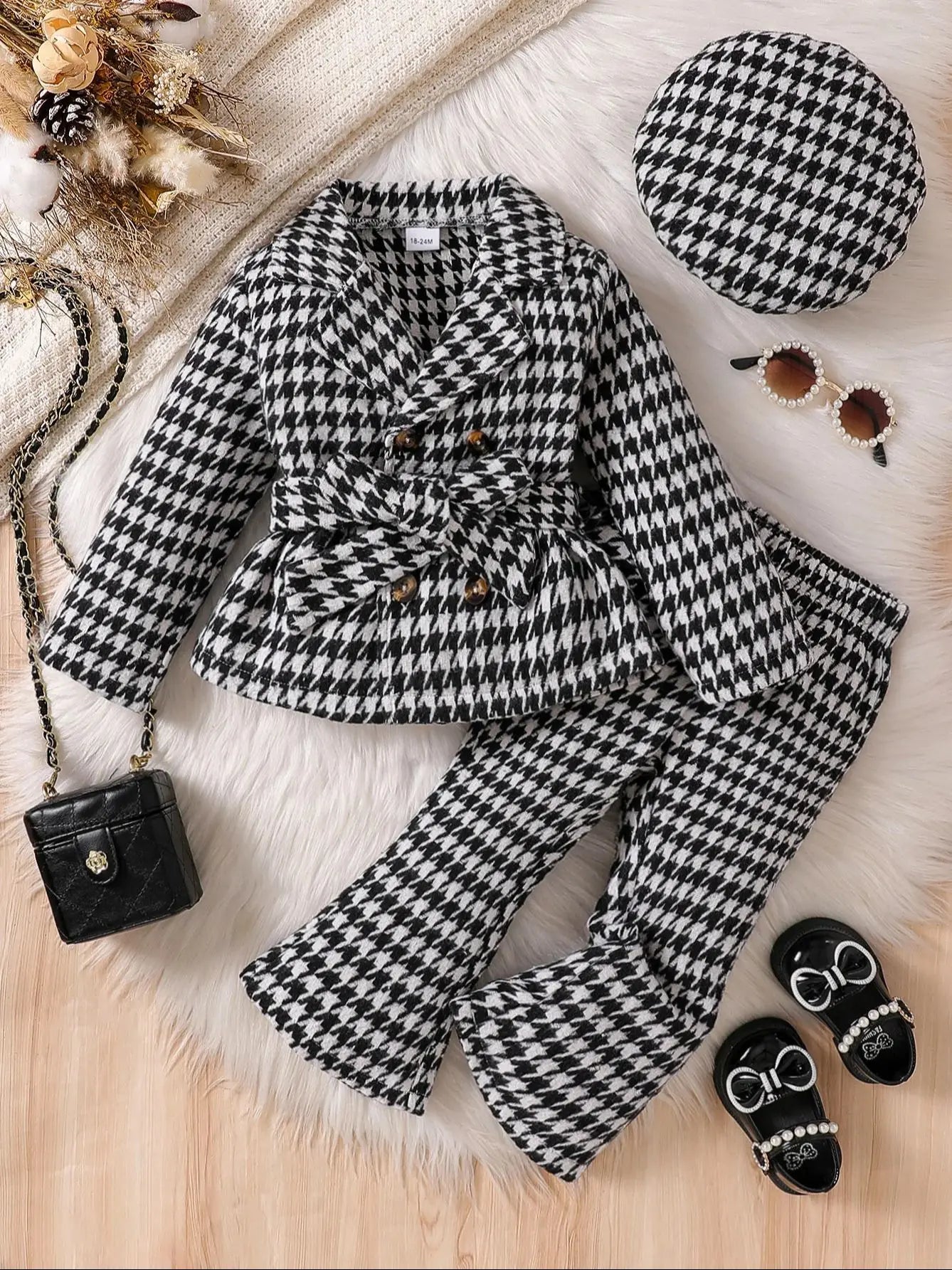 Children Girl 3Pcs Fall Outfits Long Sleeve Double Breasted Plaid Jacket with Belt Flare Pants Beret Hat Set Kids Suit For 1-6Y