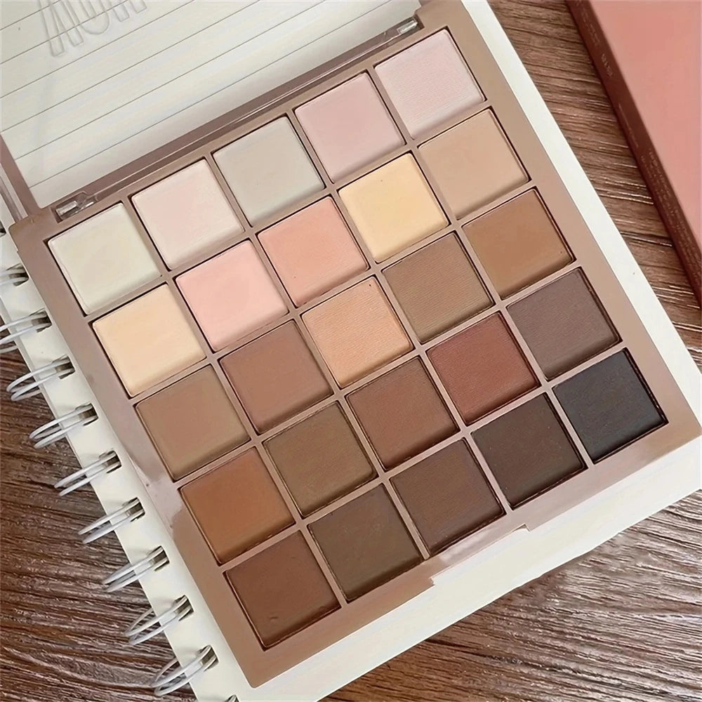 25-color eyeshadow palette - neutral gray and brown earth tones, coffee and chocolate shades, creating versatile, natural to dramatic makeup looks