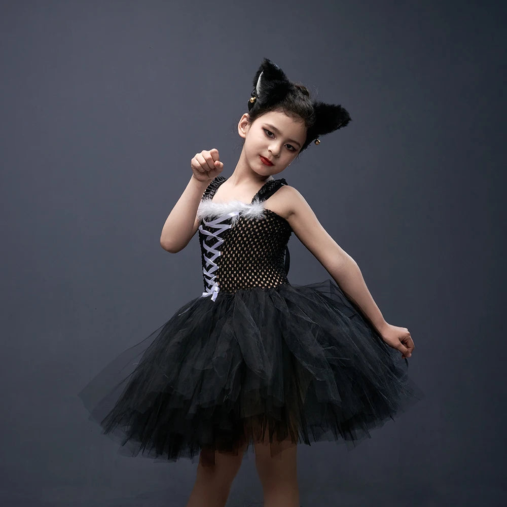 Black Cat Halloween Costume Kids Animal Fancy Tutu Dress with Ears Headband Baby Girls Cosplay Clothes Birthday Party Outfits