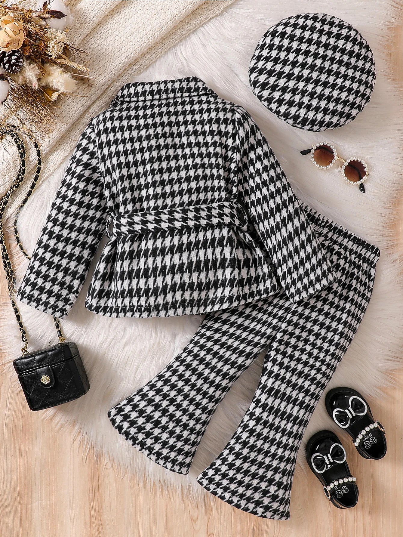 Children Girl 3Pcs Fall Outfits Long Sleeve Double Breasted Plaid Jacket with Belt Flare Pants Beret Hat Set Kids Suit For 1-6Y
