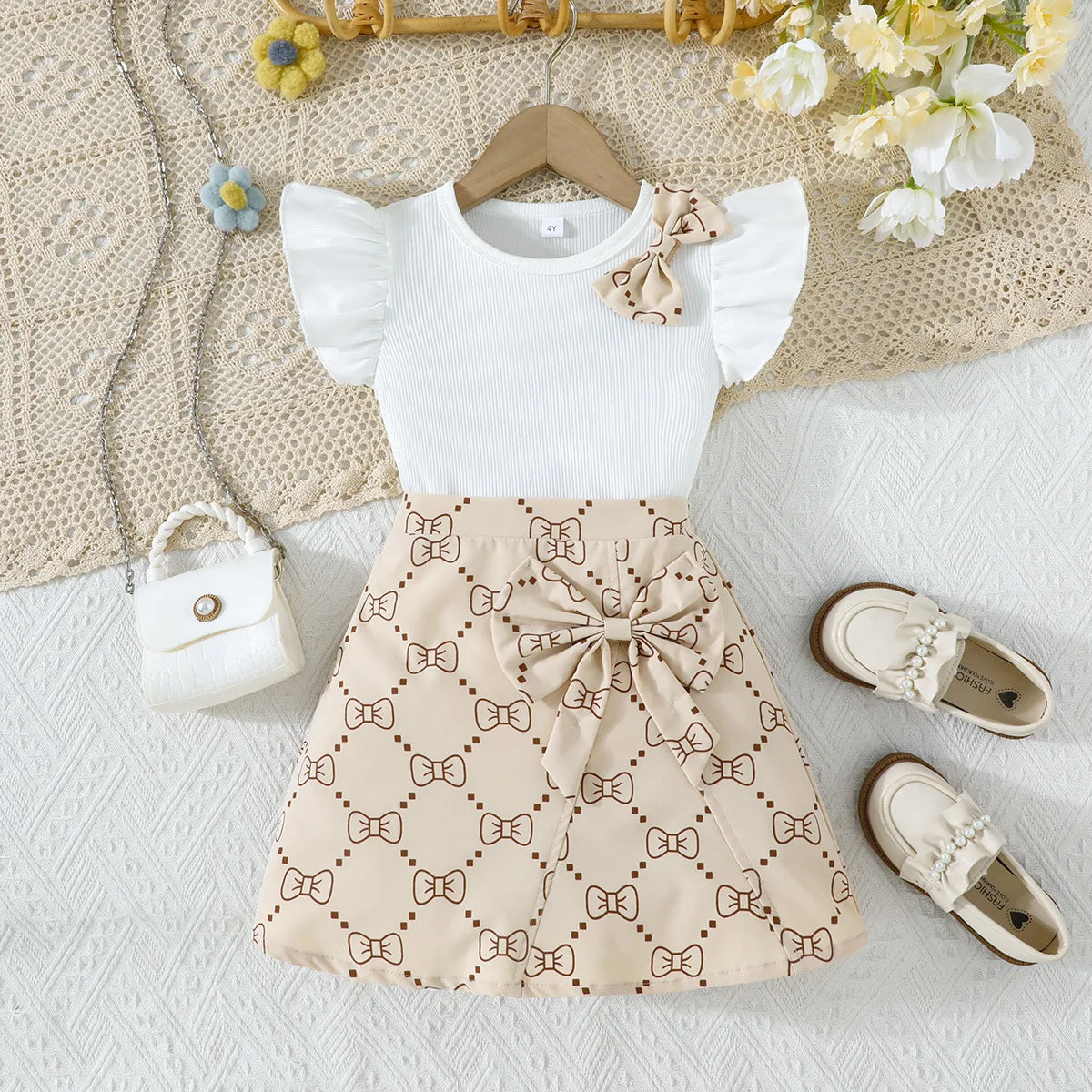 Prowow Girl School Outfit Flutter Sleeve Front Bow T-shirt and Vintage Printed Skirt Summer 2pcs Set For Children Clothing Girls