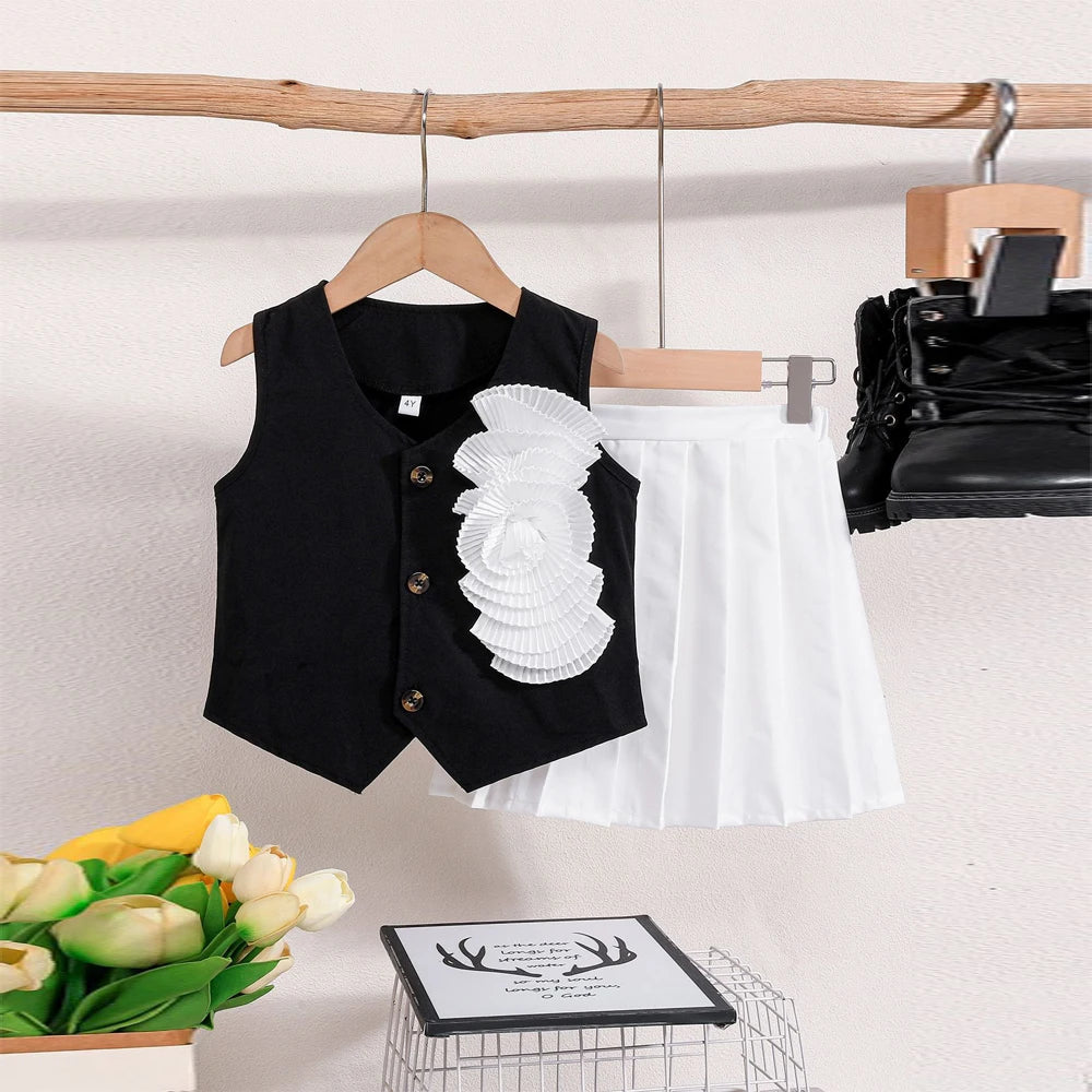 Prowow Girl School Outfit Flutter Sleeve Front Bow T-shirt and Vintage Printed Skirt Summer 2pcs Set For Children Clothing Girls