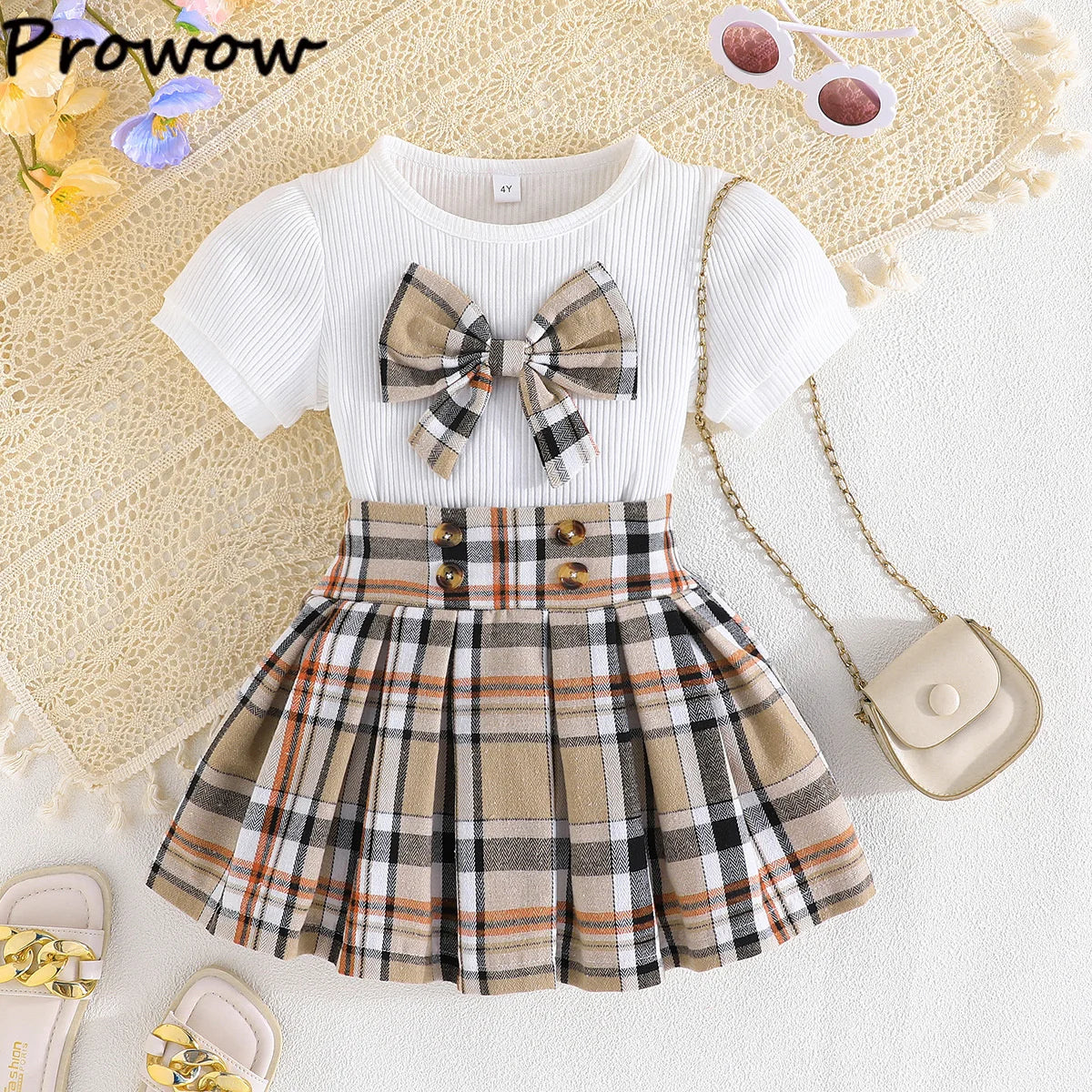 Prowow Girl School Outfit Flutter Sleeve Front Bow T-shirt and Vintage Printed Skirt Summer 2pcs Set For Children Clothing Girls