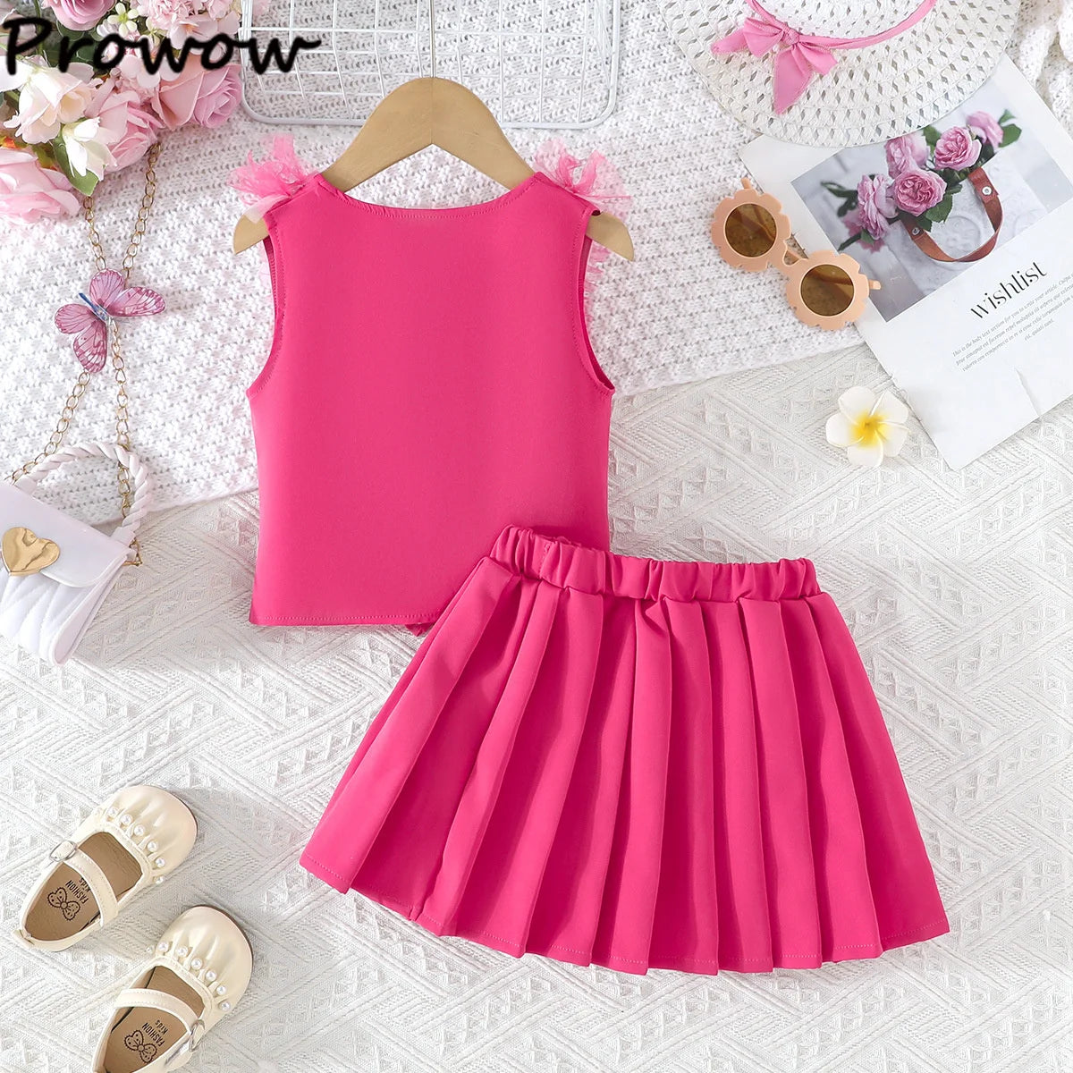 Prowow Girl School Outfit Flutter Sleeve Front Bow T-shirt and Vintage Printed Skirt Summer 2pcs Set For Children Clothing Girls