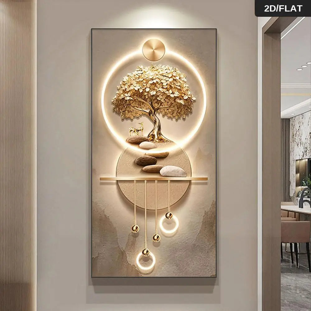 Abstract Tree of Life Canvas Wall Art – Golden Frameless Print for Living Room & Home Decor