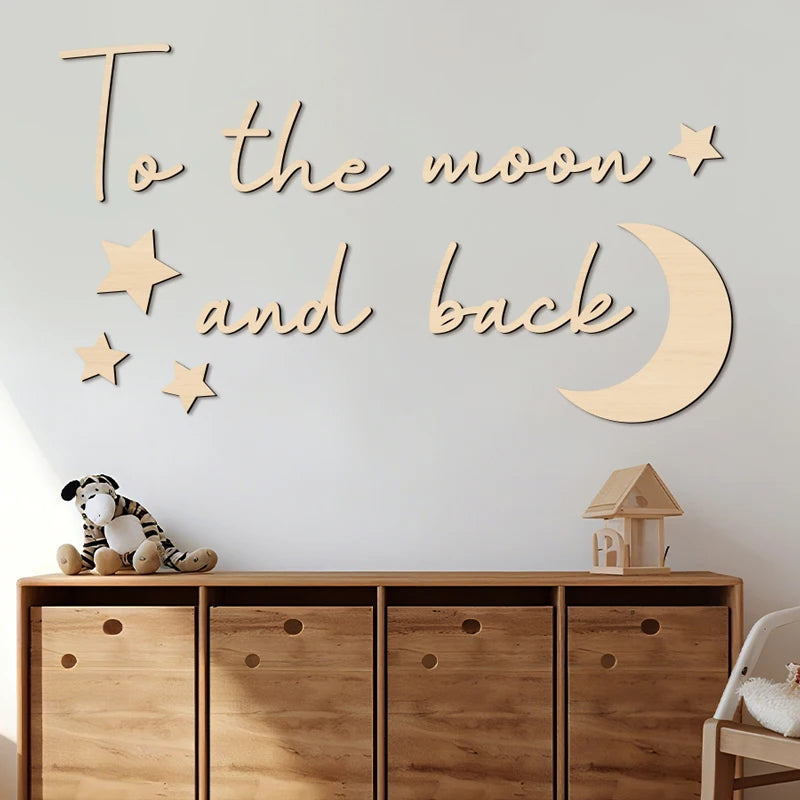 Boho Style Wooden Wall Stickers Wall Decor "To The Moon and Back" With Moon and Stars Signs for Thanksgiving Room Wall Decor