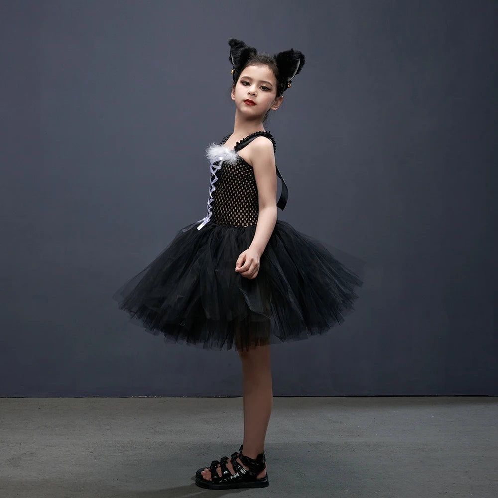 Black Cat Halloween Costume Kids Animal Fancy Tutu Dress with Ears Headband Baby Girls Cosplay Clothes Birthday Party Outfits