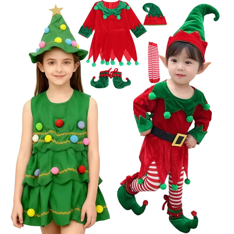 2025 New Year Kids Santa Claus Costume Girls' Christmas Dress Set Children's Cosplay Dress Carnival Party Clothes Xmas Gift