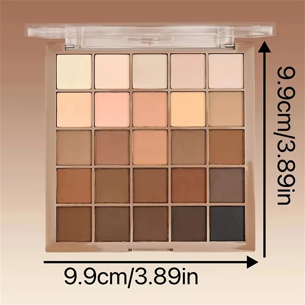 25-color eyeshadow palette - neutral gray and brown earth tones, coffee and chocolate shades, creating versatile, natural to dramatic makeup looks