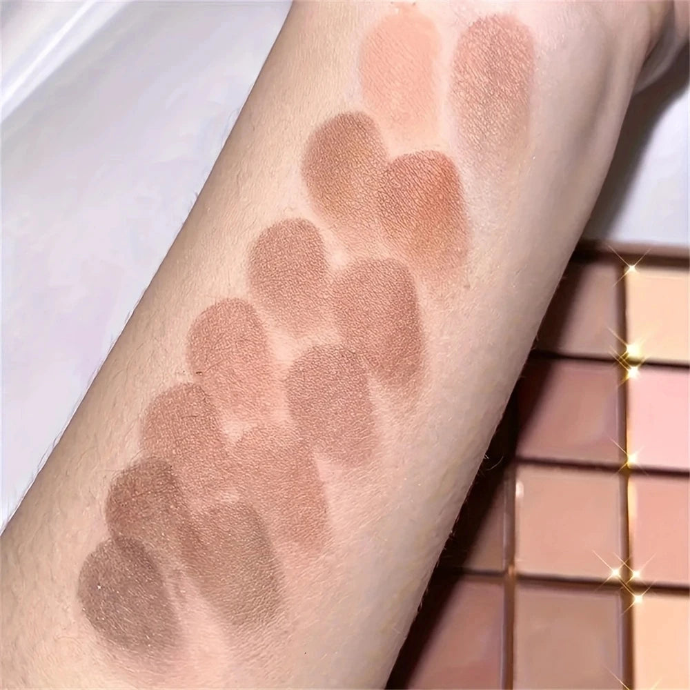 25-color eyeshadow palette - neutral gray and brown earth tones, coffee and chocolate shades, creating versatile, natural to dramatic makeup looks
