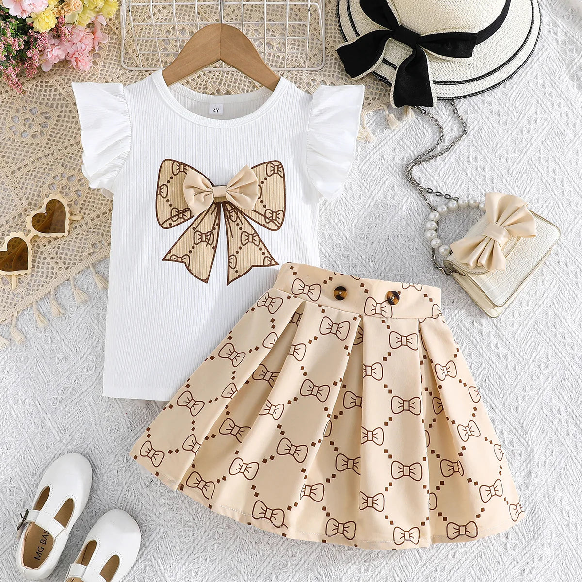 Prowow Girl School Outfit Flutter Sleeve Front Bow T-shirt and Vintage Printed Skirt Summer 2pcs Set For Children Clothing Girls