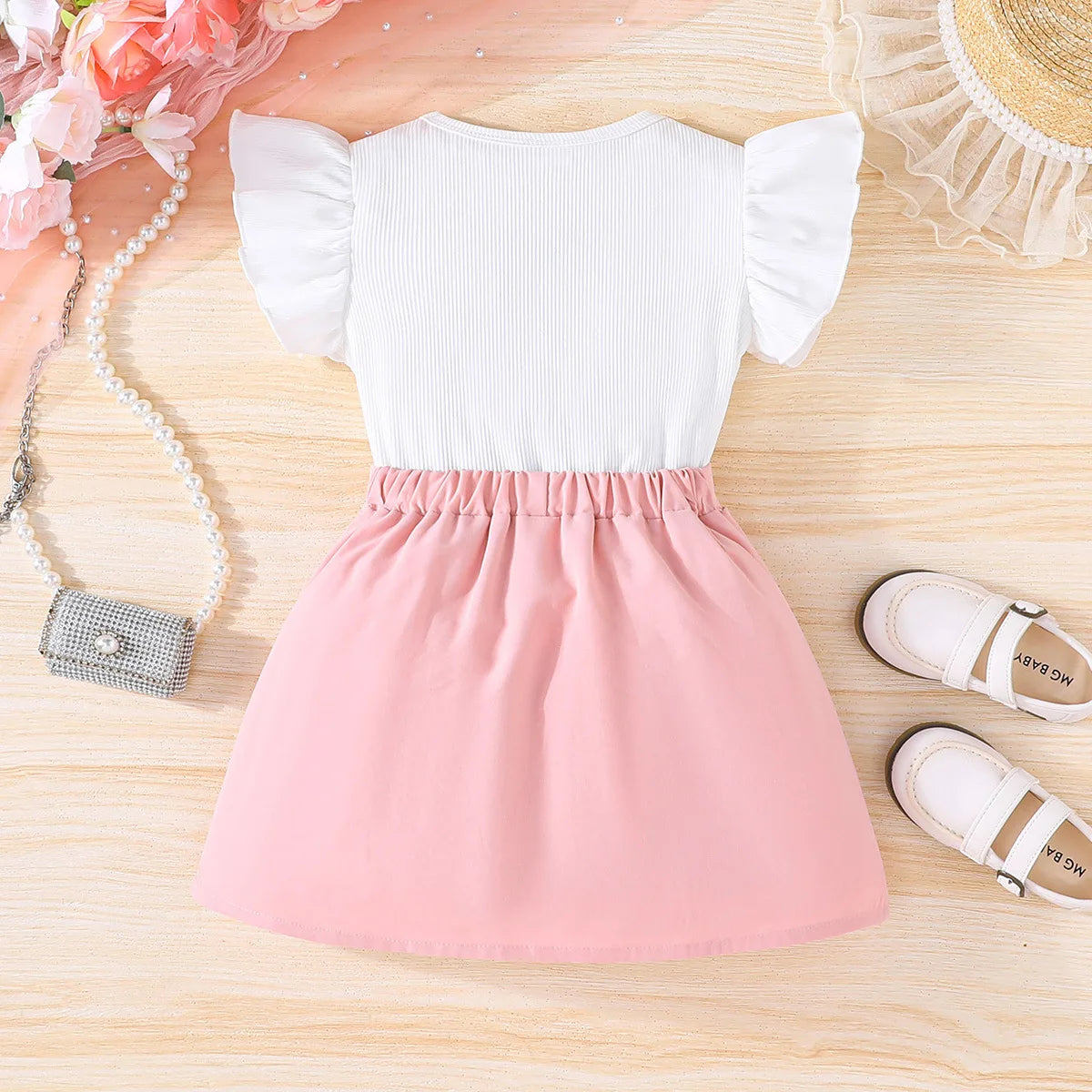 Prowow Girl School Outfit Flutter Sleeve Front Bow T-shirt and Vintage Printed Skirt Summer 2pcs Set For Children Clothing Girls