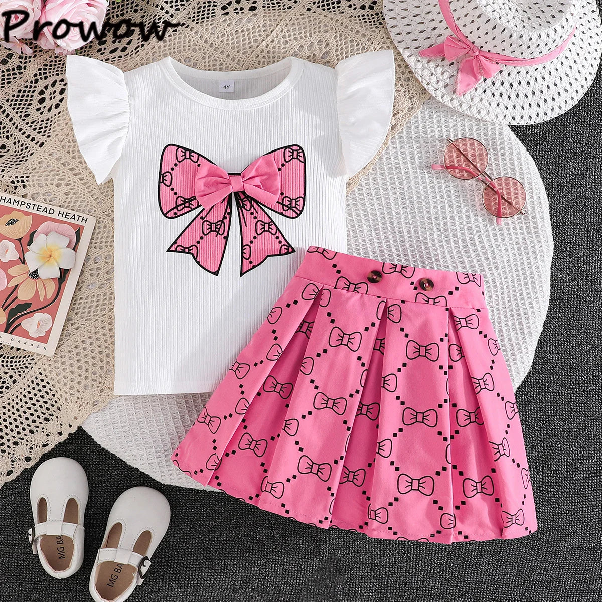 Prowow Girl School Outfit Flutter Sleeve Front Bow T-shirt and Vintage Printed Skirt Summer 2pcs Set For Children Clothing Girls
