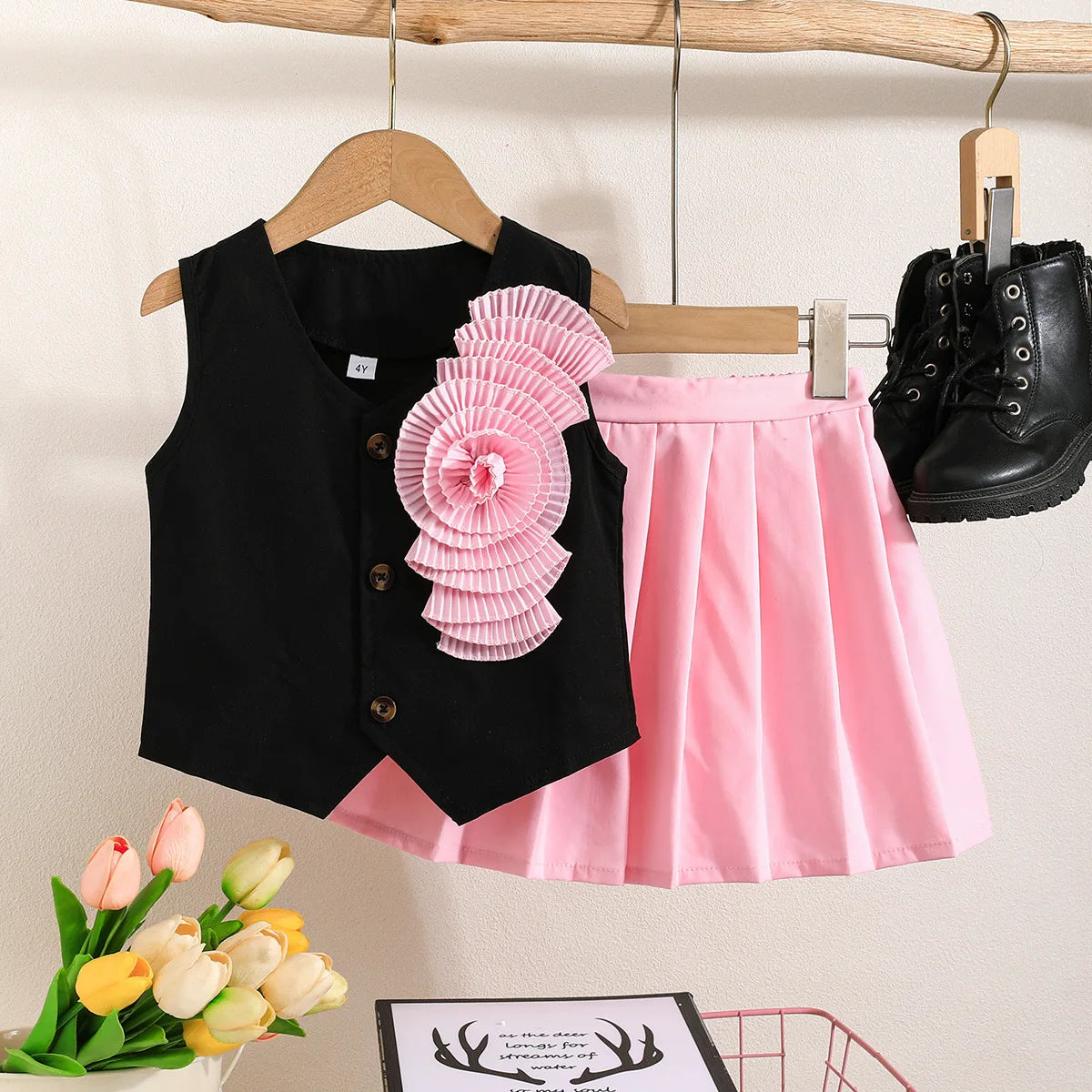 Prowow Girl School Outfit Flutter Sleeve Front Bow T-shirt and Vintage Printed Skirt Summer 2pcs Set For Children Clothing Girls