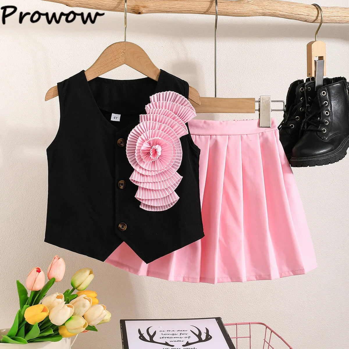 Prowow Girl School Outfit Flutter Sleeve Front Bow T-shirt and Vintage Printed Skirt Summer 2pcs Set For Children Clothing Girls