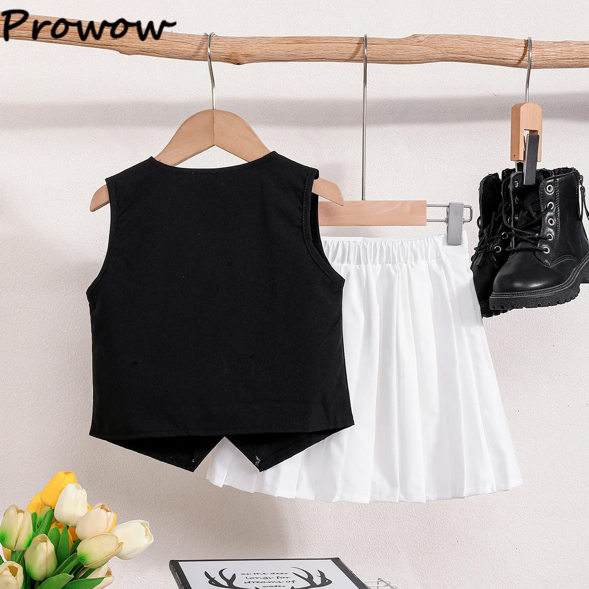 Prowow Girl School Outfit Flutter Sleeve Front Bow T-shirt and Vintage Printed Skirt Summer 2pcs Set For Children Clothing Girls