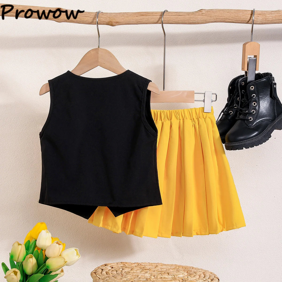 Prowow Girl School Outfit Flutter Sleeve Front Bow T-shirt and Vintage Printed Skirt Summer 2pcs Set For Children Clothing Girls