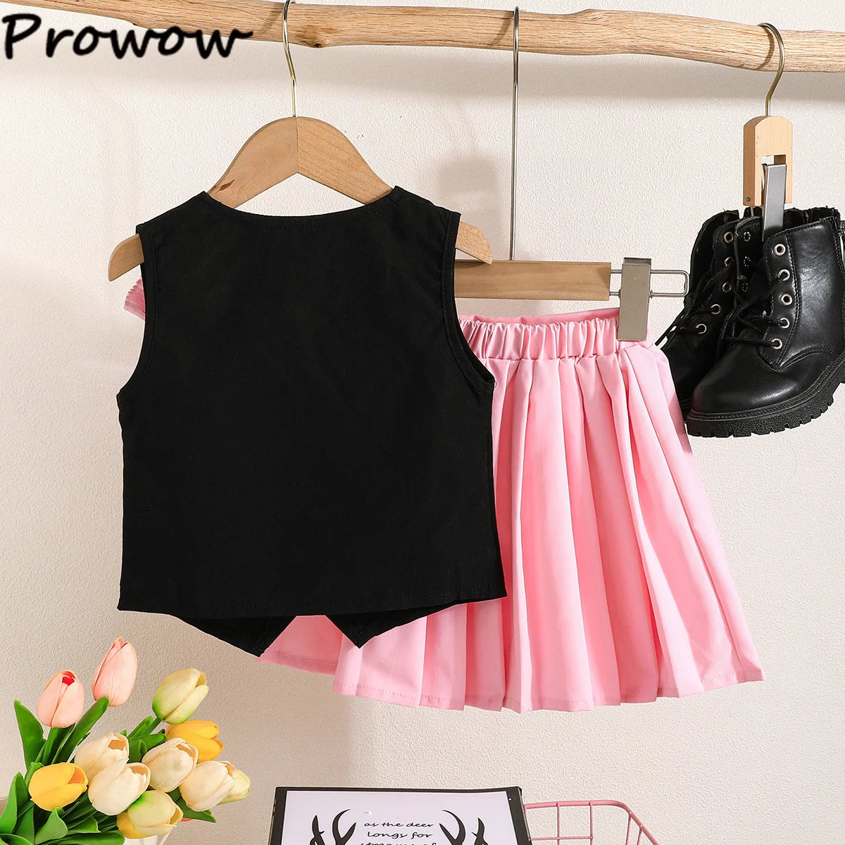 Prowow Girl School Outfit Flutter Sleeve Front Bow T-shirt and Vintage Printed Skirt Summer 2pcs Set For Children Clothing Girls