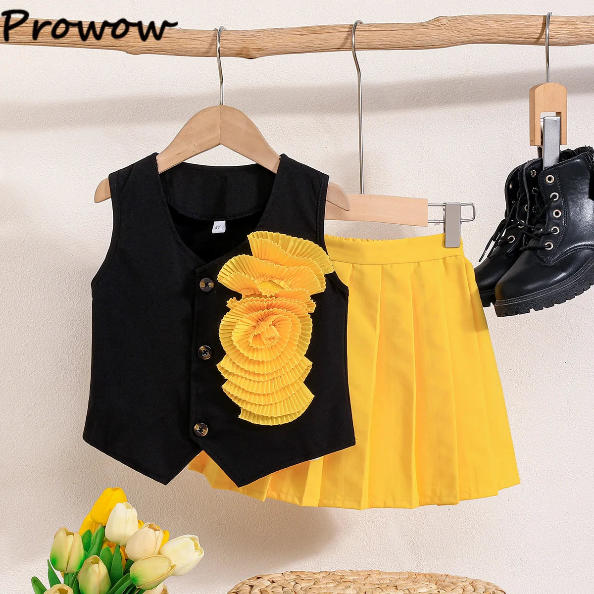 Prowow Girl School Outfit Flutter Sleeve Front Bow T-shirt and Vintage Printed Skirt Summer 2pcs Set For Children Clothing Girls