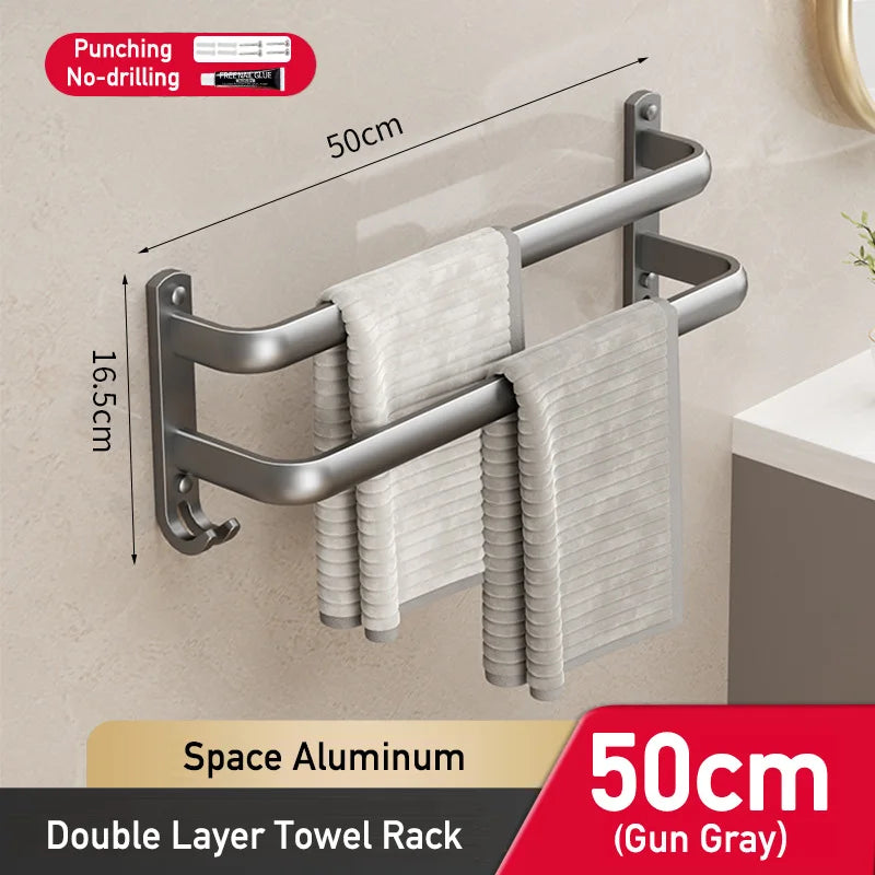 Space Aluminum Multi-Rod Wall Towel Bar – Rust-Proof Bathroom Rack with Hooks, 2 Install Options