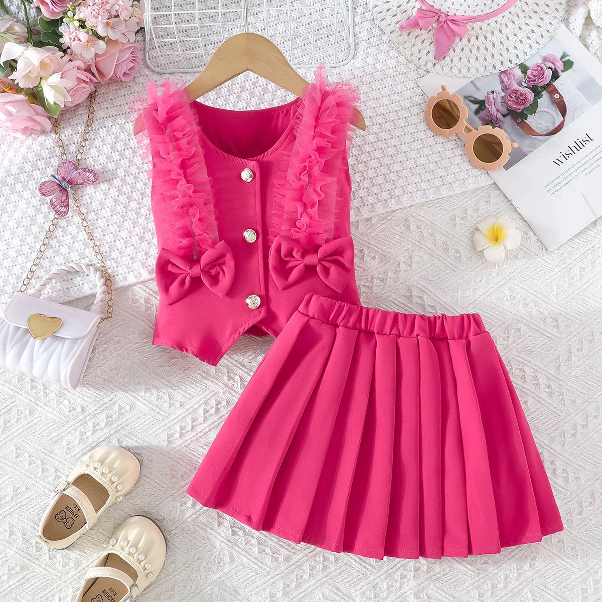 Prowow Girl School Outfit Flutter Sleeve Front Bow T-shirt and Vintage Printed Skirt Summer 2pcs Set For Children Clothing Girls
