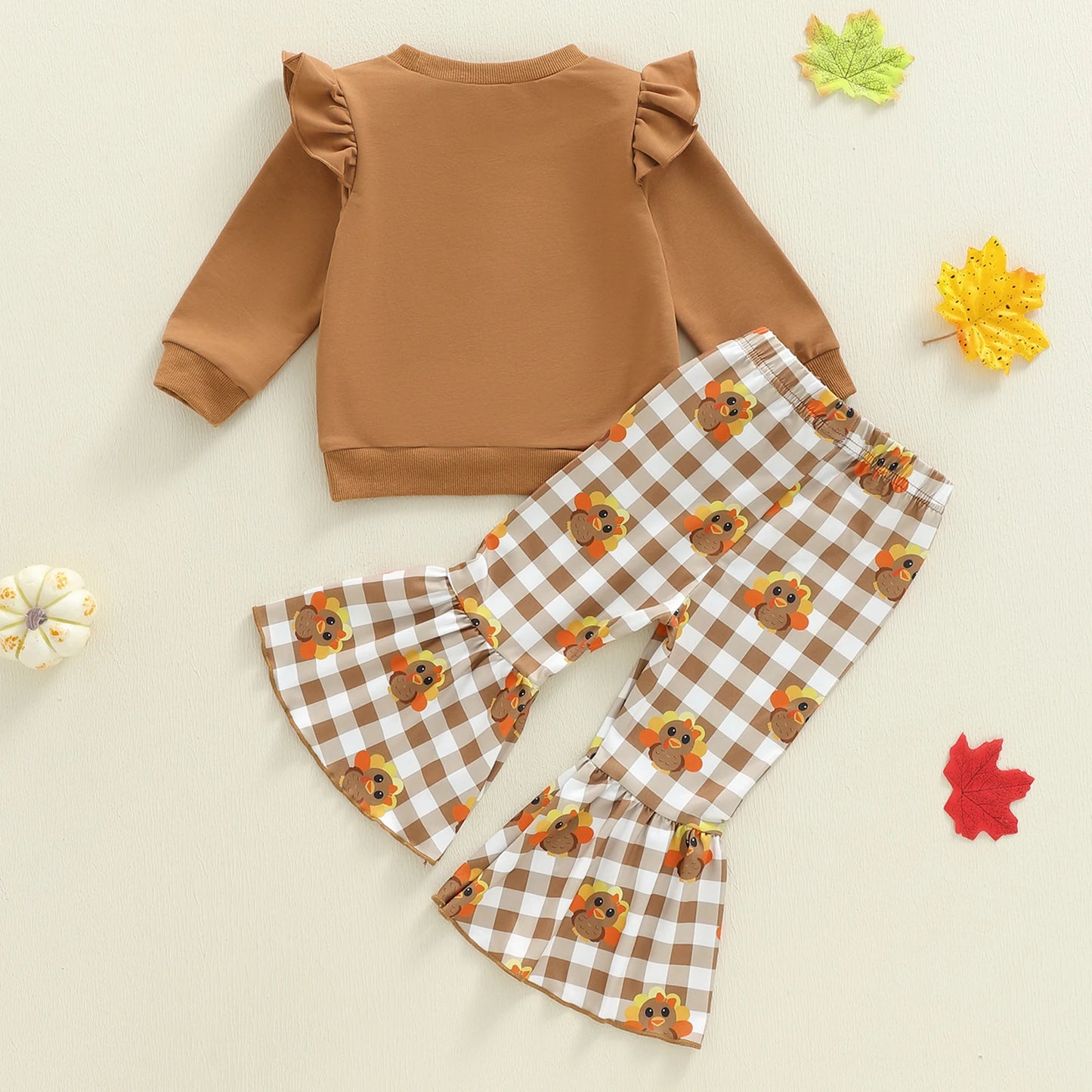 Toddler Little Girl Thanksgiving Outfit Children Letter Long Sleeve Sweatshirt and Plaid Turkey Flare Pants 2 Piece Set