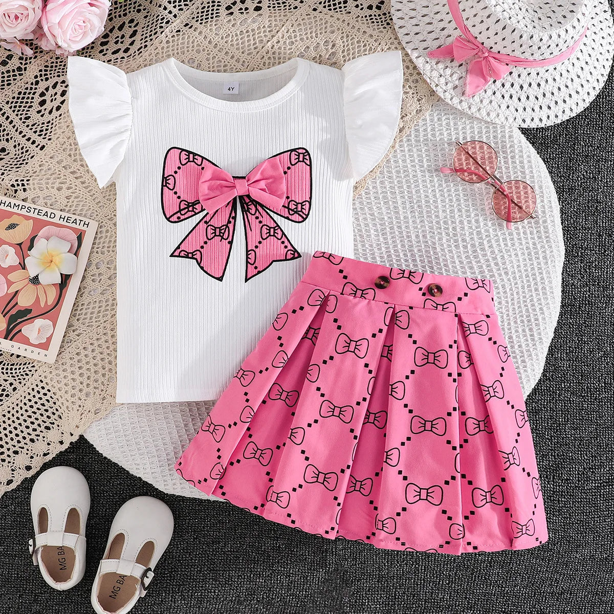 Prowow Girl School Outfit Flutter Sleeve Front Bow T-shirt and Vintage Printed Skirt Summer 2pcs Set For Children Clothing Girls