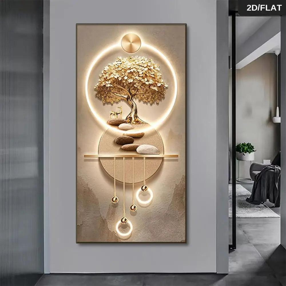 Abstract Tree of Life Canvas Wall Art – Golden Frameless Print for Living Room & Home Decor