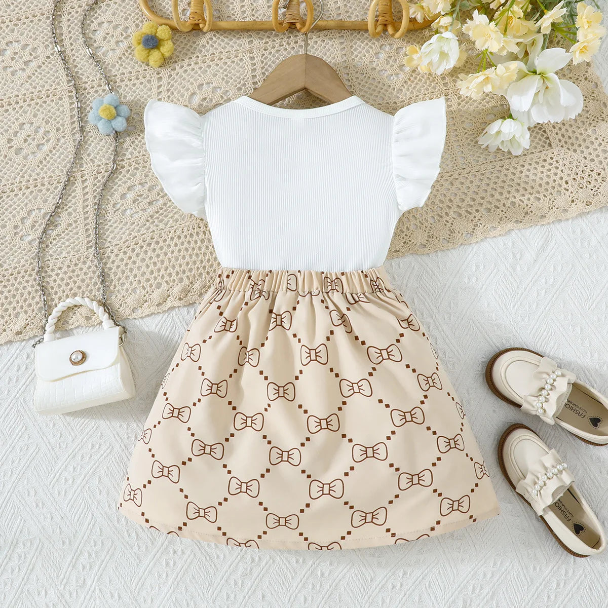 Prowow Girl School Outfit Flutter Sleeve Front Bow T-shirt and Vintage Printed Skirt Summer 2pcs Set For Children Clothing Girls