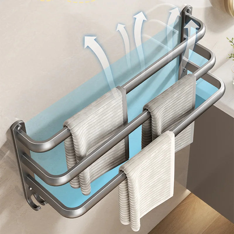 Space Aluminum Multi-Rod Wall Towel Bar – Rust-Proof Bathroom Rack with Hooks, 2 Install Options