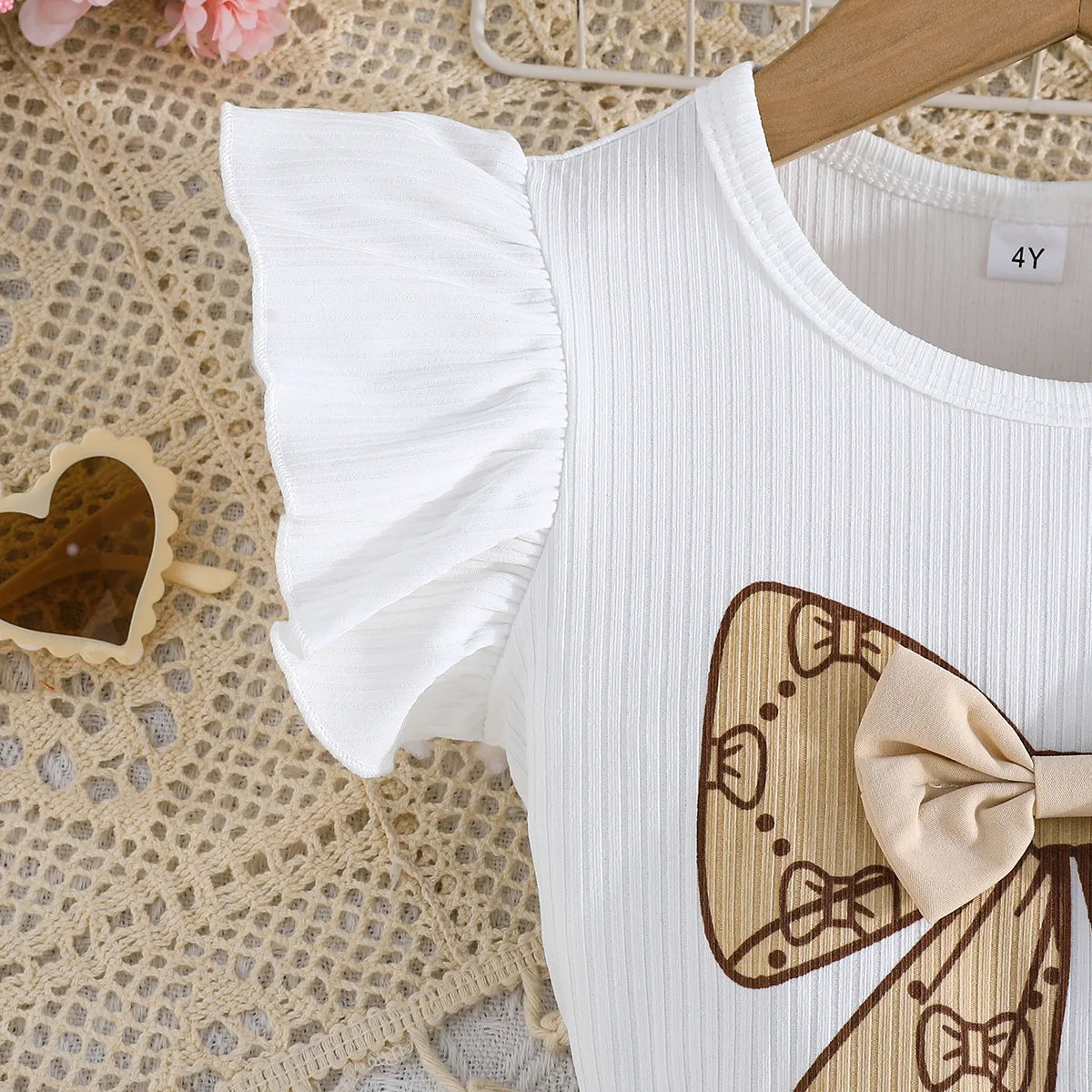 Prowow Girl School Outfit Flutter Sleeve Front Bow T-shirt and Vintage Printed Skirt Summer 2pcs Set For Children Clothing Girls
