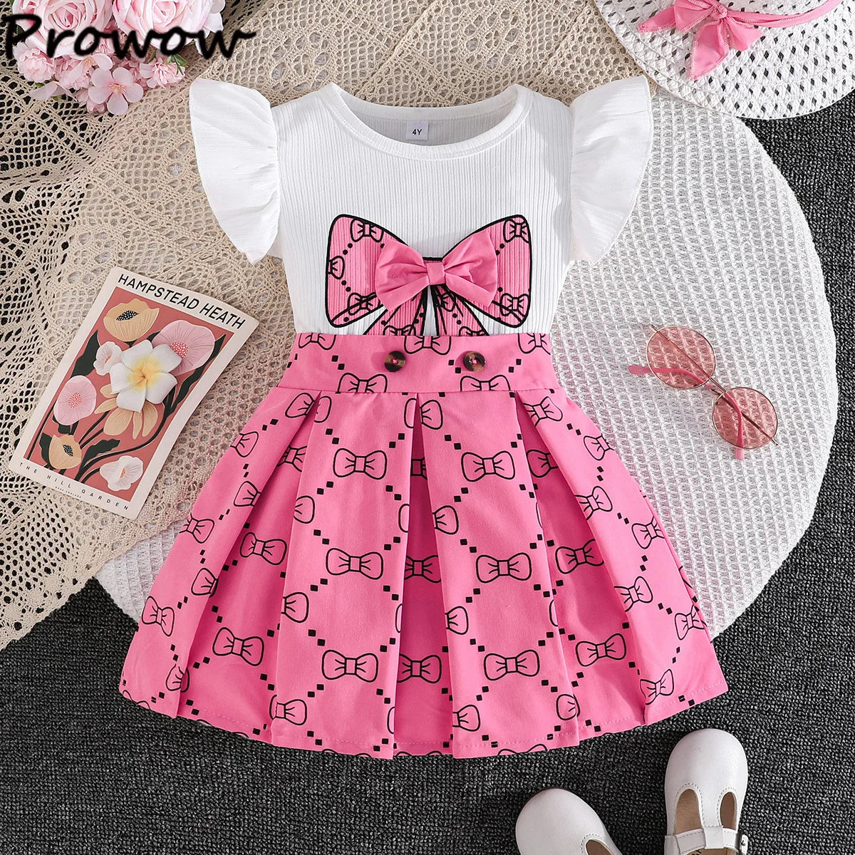 Prowow Girl School Outfit Flutter Sleeve Front Bow T-shirt and Vintage Printed Skirt Summer 2pcs Set For Children Clothing Girls