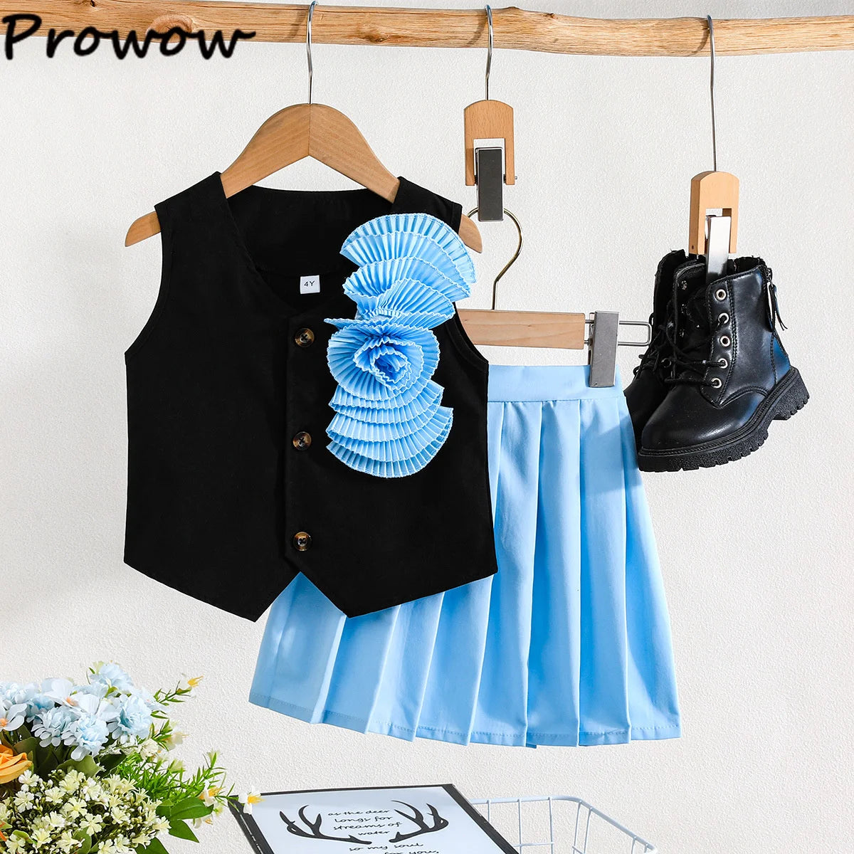 Prowow Girl School Outfit Flutter Sleeve Front Bow T-shirt and Vintage Printed Skirt Summer 2pcs Set For Children Clothing Girls